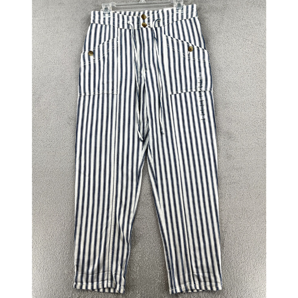 American Eagle Pants Womens 6 White Blue Striped Hi Rise Taper Nautical Coastal